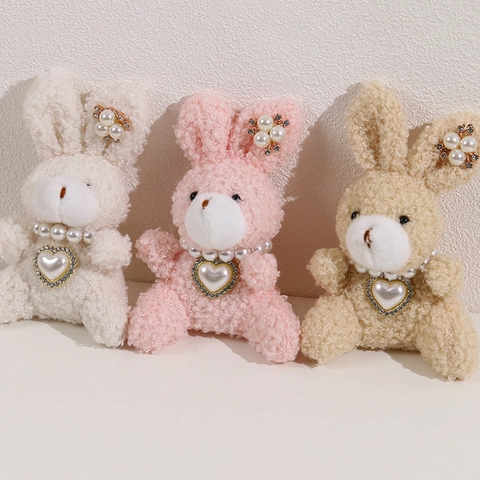 Accessorio Fai da Te Coniglio in Peluche Fatto a Mano Con Ciondolo Cuore Perla Artificiale Decorazione Floreale Strass Per Borse Gioielli