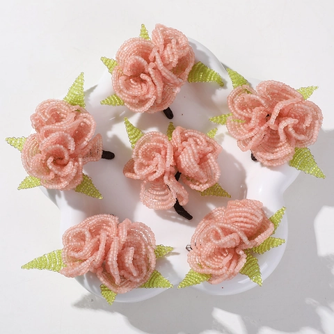 Handmade Woven Glass Seed Bead Rose Flower DIY Jewelry Accessories For Hair Clips Earrings Clothing Decoration Pink Green