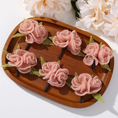 Handmade Woven Glass Seed Bead Rose Flower DIY Jewelry Accessories For Hair Clips Earrings Clothing Decoration Pink Green