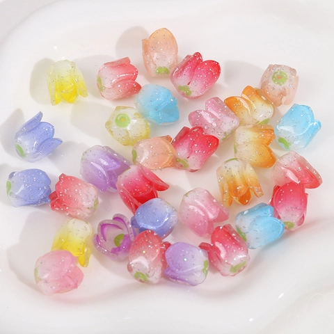 Glitter Tulip Bud Acrylic Beads Gradient Flower Jewelry Making Accessories For DIY Earrings Hairpins Craft Supplies