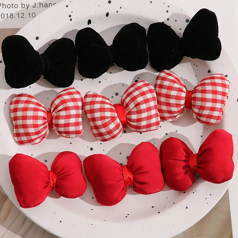 Handmade Fabric Padded Bow Accessories Solid Color Gingham Bows For DIY Hairpins Brooches Clothing Embellishments Cute Ornaments