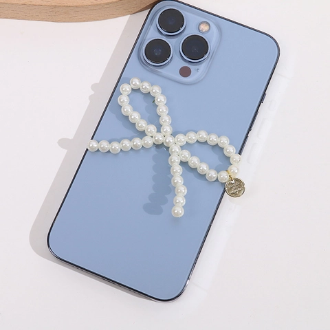 Handmade Artificial Pearl Bow Phone Case Pendant With Round Metal Plate Elegant Bag Charm For Women Fashion Accessory