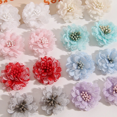Handgemaakte Multi-Layer Stof Bloem DIY Accessoires Voor Sieraden Maken Hoofddeksels Kleding Decor Geweven Tule Bloemen Met Meeldraden