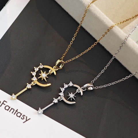 Moon Star Tassel Pendant Necklace Zirconia Magic Wand Design Titanium Steel Chain Elegant Aesthetic Jewelry For Women