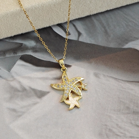 Ocean Series Stainless Steel Necklace For Women Exquisite Dolphin Starfish Shell Sunburst Zirconia Pendant Necklace Fashion Jewelry