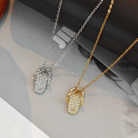 Fashion Stainless Steel Flip Flop Pendant Necklace For Women Rhinestone Butterfly Cross Mushroom Flower Charm Summer Jewelry