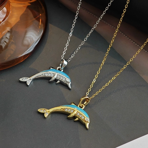 Collar Con Colgante De Delfín Para Mujer Acero De Titanio Cobre Esmalte Lujo Ligero Circonita Incrustada Joyería Minimalista De Animal Marino