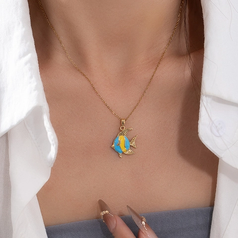 Ocean Enamel Fish Pendant Necklace For Women Stainless Steel Chain Colorful Animal Charm Marine Summer Beach Jewelry Gift