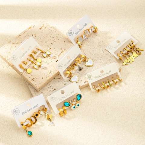 Luxueux Boucles d'Oreilles en Acier au Titane Ensemble Strass Nœud Papillon Cœur Papillon Breloques Bijoux de Mode Femme Cadeau