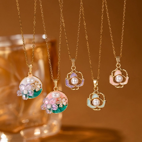 Französische Vintage Emaille Blume Halskette Für Damen Titanstahl Kirschblüte Tulpe Künstliche Perle Strass Schlüsselbeinkette