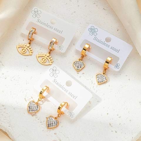 Boucles d'Oreilles de Mode en Acier Inoxydable Incrustées de Strass Cœur Fleur Mauvais Œil Bijoux Plaqué Or Femme