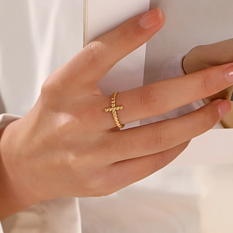 Stainless Steel Cross Beaded Adjustable Open Ring For Women Ethnic Fashion Jewelry Retro High Polish Gold Tone Jewelry