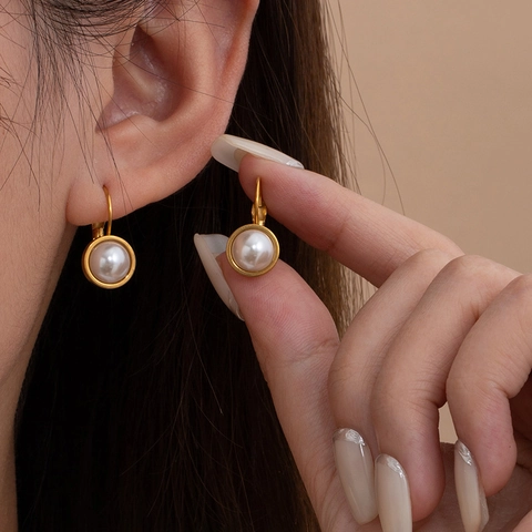 Francesi Vintage Orecchini Monachella con Perla Artificial in Acciaio al Titanio Placcato Oro Tondi Orecchini a Pendolo per Donna