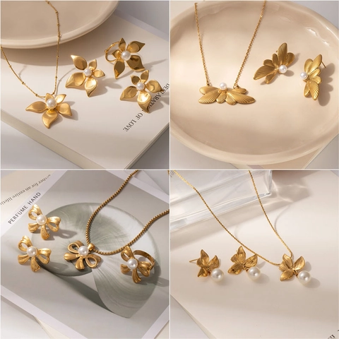 Set di Gioielli in Acciaio Inossidabile con Künstliche Perle Fiocco Fiore Ali per Donna Collana Orecchini Anello Placcato Oro Gioielli Moda