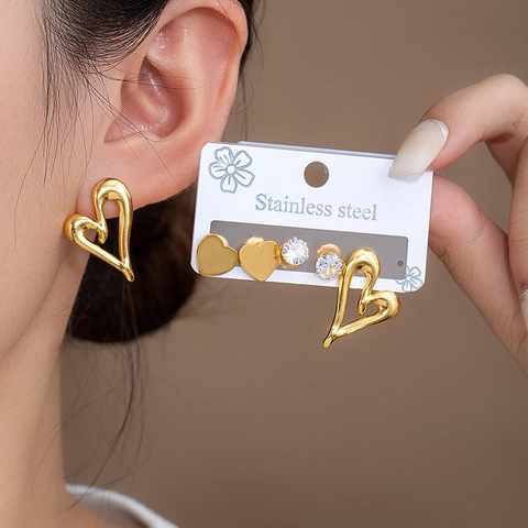 Titanium Steel Zirconia Earring Set For Women Bow Knot Heart Clover Star Design Stainless Steel Post Jewelry Accessory