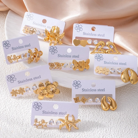Stainless Steel Zirconia Stud Earrings Set For Women Fashion Bowknot Clover Star Heart Gold Plated Jewelry Accessories