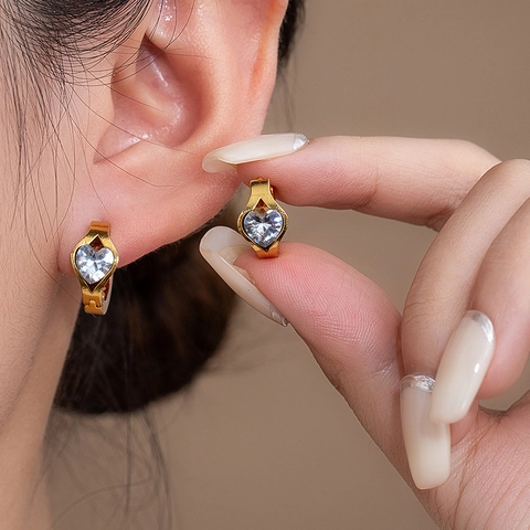 Boucles d'Oreilles de Luxe en Acier Titane Zirconia Losange Cœur Mauvais Œil Boucles d'Oreilles Huggie Géométriques Bijoux Plaqués Or Femme