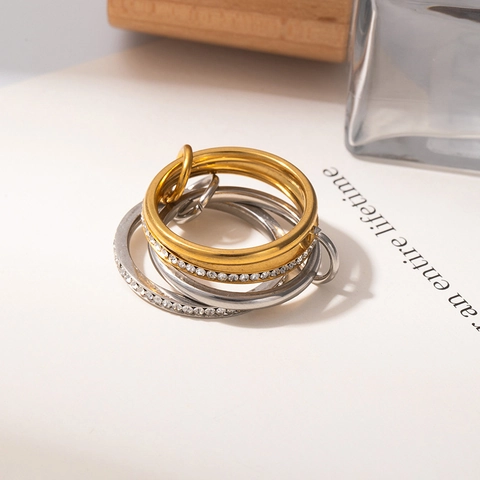 Bagues Entrelacées Minimalistes En Acier Inoxydable Pour Femmes Or Argent Bicolore Empilables Avec Strass Incrustés Bijoux De Mode