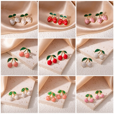 Boucles d'Oreilles Clous en Acier Inoxydable Fruits Fraise Cerise pour Femmes Doux Mignon Émail Rose Bijoux de Mode