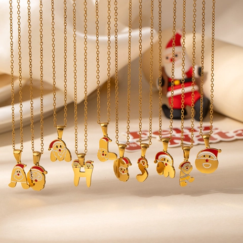 Collier Pendentif Alphabet Père Noël de Noël Pour Femmes En Acier Inoxydable Émail 26 Lettre Initiale Bijoux Plaqué Or Cadeau