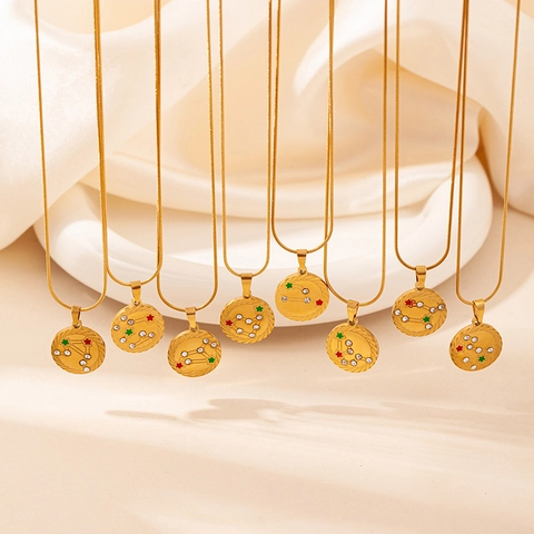 12 Zodiac Stainless Steel Pendant Necklace For Women Gold Plated Snake Chain Rhinestone Enamel Star Round Jewelry Gift