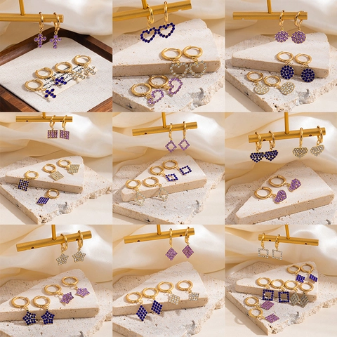 Boucles d'Oreilles Créoles en Acier Inoxydable Zirconia Cœur Étoile Croix Boucles d'Oreilles Pendantes Géométriques Plaquées Or