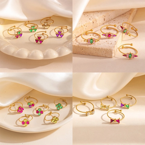 Bague Ouverte Réglable en Acier Inoxydable pour Femme Strass Colorés Fleur Nœud Trèfle Cœur Bijoux de Mode
