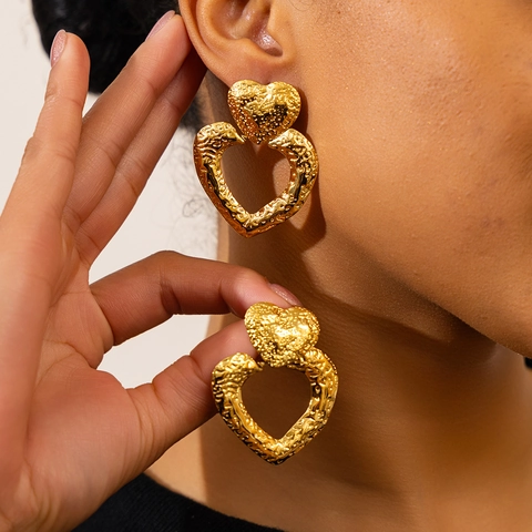 Vintage 304 Edelstahl Gehämmert Herz Ohrhänger Für Damen Goldbeschichtet Doppelherz Dangle Ohrringe Valentinstag Geschenk