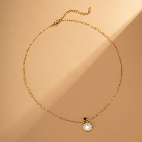 18K Gold Plated Stainless Steel Necklace Geometric Mother Of Pearl Pendant Rhinestone Inlay Minimalist Ins Style Women Jewelry