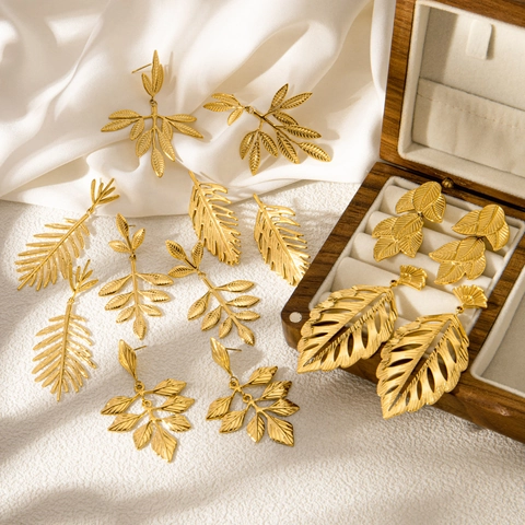 Vintage Gold Leaf Drop Earrings For Women Stainless Steel Post Natural Botanical Feather Dangle Earrings For Party Jewelry