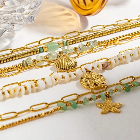 Vintage Roestvrij Staal Meerlagig Armband Voor Dames Goud Boheems Natuursteen Zeester Schelp Hanger Verstelbare Ketting Sieraden