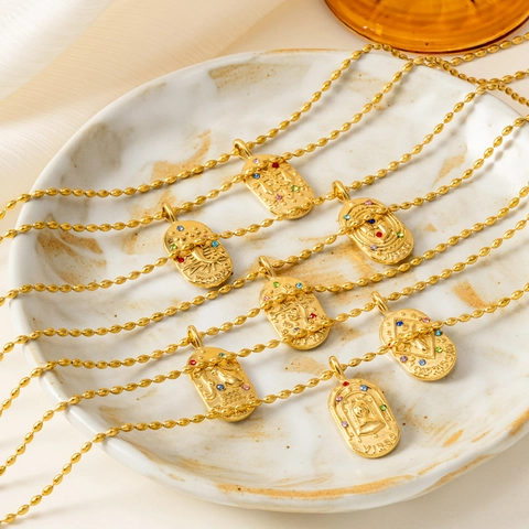 Vintage Stainless Steel Zodiac Pendant Necklace For Women Gold Embossed Coin Oval Plate Colorful Rhinestone Necklace