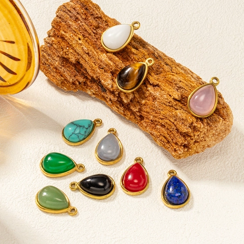 Stainless Steel 18K Gold Plated Teardrop Pendant Natural Stone Inlaid Small Teardrop Charm For DIY Jewelry Necklaces Accessories