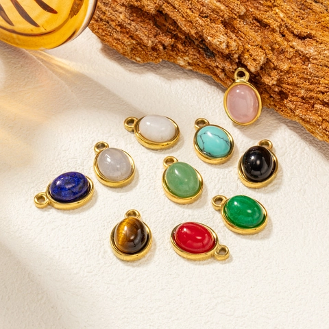 DIY Stainless Steel Natural Stone Oval Pendant Gold Plated Healing Crystal Small Charms For Jewelry Making Earrings Necklace