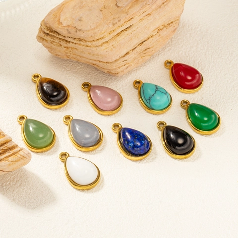 Stainless Steel 18K Gold Plated Teardrop Pendant Natural Stone Inlaid Small Teardrop Charm For DIY Jewelry Necklaces Accessories