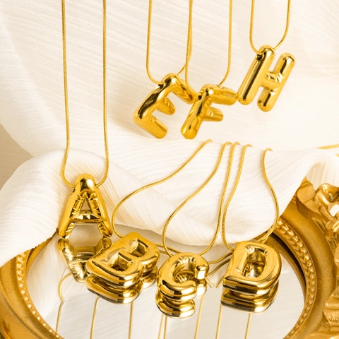 Fashion Gold Plated Stainless Steel Bubble Alphabet Pendant Necklace For Women Balloon Initial Letter Snake Chain Jewelry