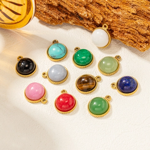 Stainless Steel Round Natural Stone Pendants For DIY Jewelry Making Findings 18K Gold Plated Beaded Edge Charm For Women