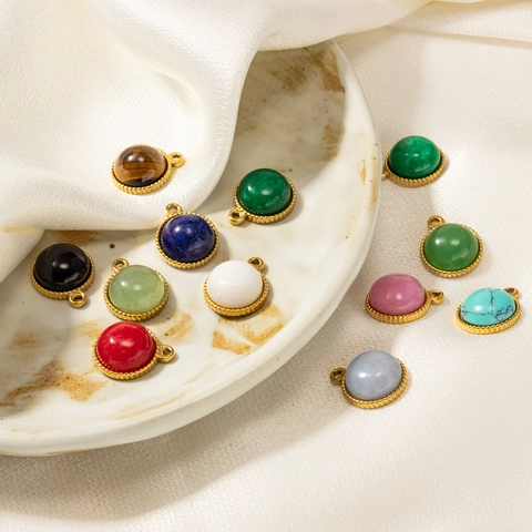 Stainless Steel Round Natural Stone Pendants For DIY Jewelry Making Findings 18K Gold Plated Beaded Edge Charm For Women