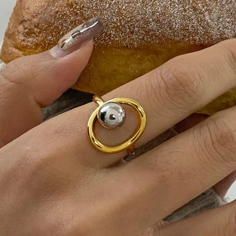 Zweifarbig Edelstahl Offener Ring Gold Silber Metallkugel Geometrisch Verstellbar Minimalistisch Trendy Schmuck Damen