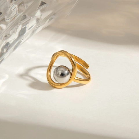 Zweifarbig Edelstahl Offener Ring Gold Silber Metallkugel Geometrisch Verstellbar Minimalistisch Trendy Schmuck Damen