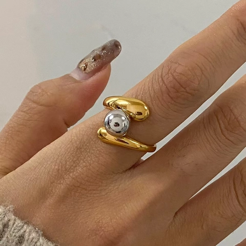 Anillo Abierto De Acero Inoxidable De Dos Tonos Minimalista Para Mujeres Geométrico Bola Oro Plata Ajustable Joyería