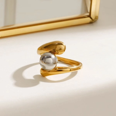 Anillo Abierto De Acero Inoxidable De Dos Tonos Minimalista Para Mujeres Geométrico Bola Oro Plata Ajustable Joyería
