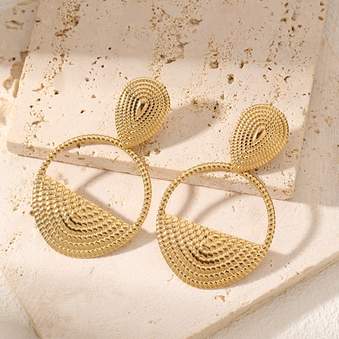 Orecchini Pendenti Geometrici In Acciaio Inossidabile Placcato Oro Texture Martellata Grande Goccia Rotonda Per Donna Gioielli Chic