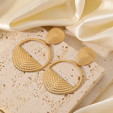 Orecchini Pendenti Geometrici In Acciaio Inossidabile Placcato Oro Texture Martellata Grande Goccia Rotonda Per Donna Gioielli Chic
