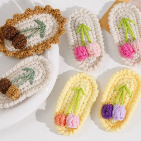 Handmade Crochet Flower Hair Clip Pastoral Style Cotton Knit Cherry Tulip Hairpin Decorative Bangs Side Clip For Women Girls