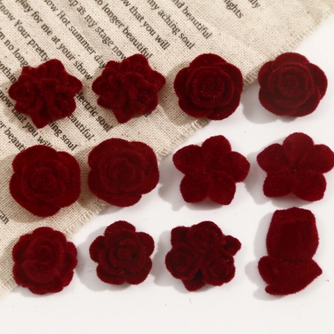 Parches de Flores de Rosa de Resina Flocada Vintage Burdeos Camelia Accesorios para Hacer Joyas DIY para Horquillas Broches