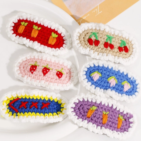 Handmade Crochet Hair Clips For Women Japanese Style Fabric Cotton Thread Fruit Flower Strawberry Cherry Pattern BB Hairpins