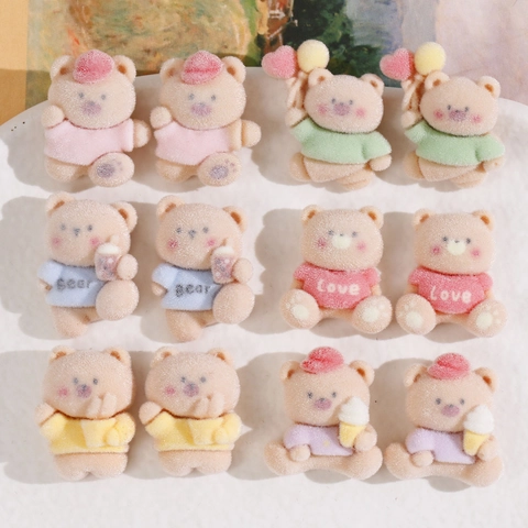 Cute Cartoon Flocking Bear Resin Charms DIY Earrings Hair Clips Milk Tea Color Bear Patches For Jewelry Making Crafting