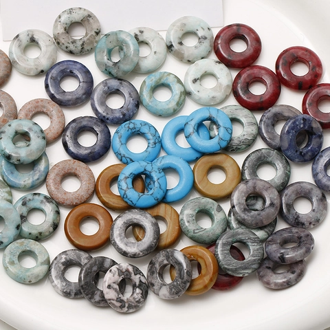 Chinese Style Natural Stone Donut Beads Colorful Spotted Texture Round Hole Beads For DIY Jewelry Earring Accessories