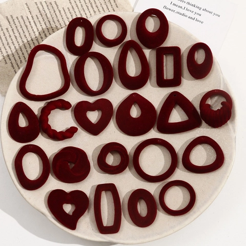 Vintage Wine Red Flocked Resin Geometric Heart Round Waterdrop Pendants For DIY Earring Jewelry Making Retro Elegant Accessories